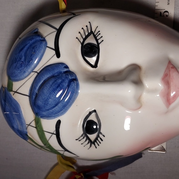 Vintage Hand Painted Ceramic Carnival Wall Mask Blue Flowers Design - Picture 6 of 7
